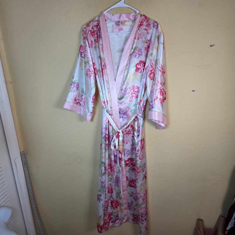 Oscar de la Renta Pink Label Floral Satin Robe Pink White Long Wrap S vacation